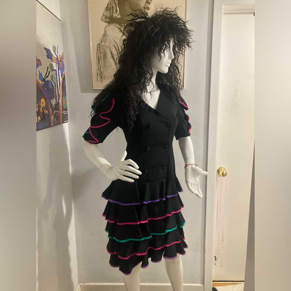 Vintage 80/90s Structured Dress. Black Ruffles with pink, purple and teal piping